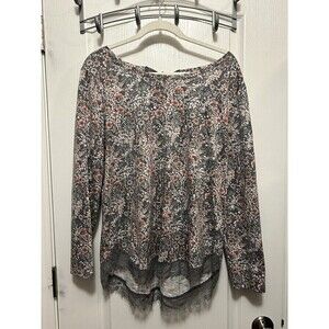 Laura Conrad Floral Top w/ Lace Hem & Back Ribbon Tie Gray‎ Pink Sz large Blouse